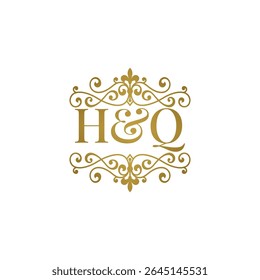 HQ initials logo ornament gold. Letter HQ wedding ampersand or business partner symbol