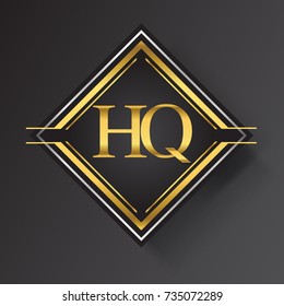 HQ Letter logo in a square shape gold and silver colored geometric ornaments. Vector design template elements for your business or company identity.