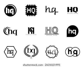 Modelo da empresa de logotipo da matriz. Letra h e q logotipos. Defina diferentes letras serifas clássicas e texto em negrito moderno com elementos de design. Tipografia inicial da fonte. Coleção de identidade de negócios na moda.