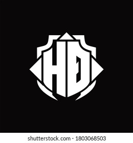 Monograma del logotipo de HQ con línea de protección y plantilla de diseño de 3 flechas sobre fondo negro