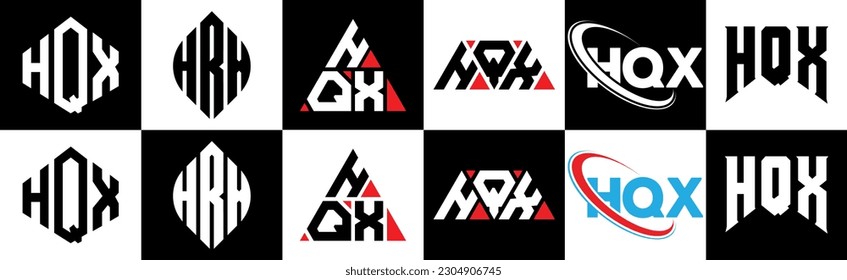 HQX letter logo design in six style. HQX polygon, circle, triangle, hexagon, flat and simple style with black and white color variation letter logo set in one artboard. HQX minimalist and classic logo