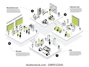 Concepto isométrico 3d de la agencia de RRHH en diseño esquemático para el Web. Personas en salas de isometría esperando en la sala de recepción, los gerentes trabajan en la oficina, reclutamiento y el departamento de entrevistas de trabajo. Ilustración vectorial.