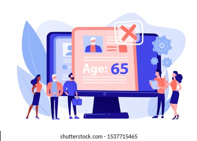 HR agency age discrimination. Job candidate CV, personal profile. Ageism social problem, stop ageism, elderly employment difficulties concept. Pinkish coral bluevector isolated illustration