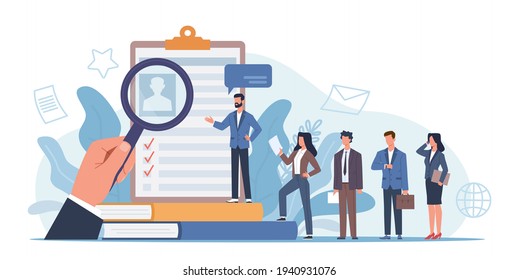 Hr agency. Applicants queue for consideration, people group of resume background, candidates consideration. Job hiring talents vacancy in company recruiter search employees vector concept svg