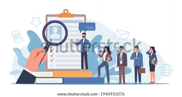 Hr\
agency. Applicants queue for consideration, people group of resume\
background, candidates consideration. Job hiring talents vacancy in\
company recruiter search employees vector\
concept