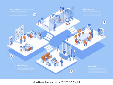 HR agency concept 3d isometric web scene with infographic. People wait at reception, managers working at office, recruitment and job interview in room. Vector illustration in isometry graphic design