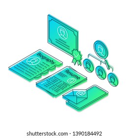 HR agency isometric color vector illustration. Headhunting, recruitment, employment service, hiring. Resume, CV linear icons infographic.  Job search 3d concept. Gradient isolated design elements