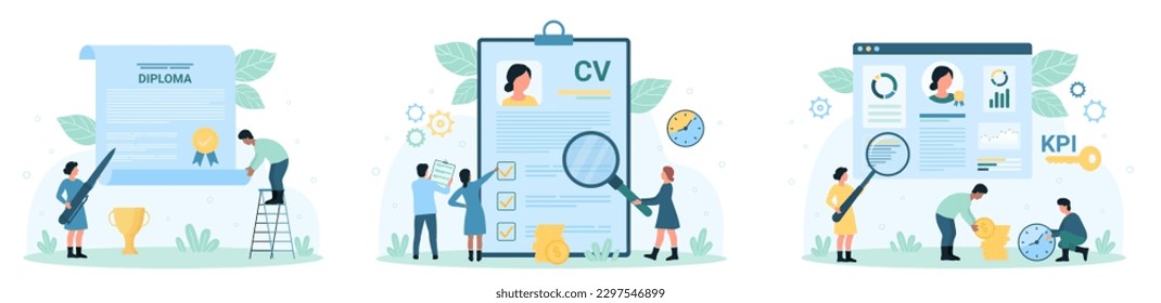 Agencia de Recursos Humanos, entrevista de trabajo conjunto ilustración vectorial. Pequeñas personas de caricatura buscan a empleados profesionales con lupa, personal de investigación retoma de candidatos con retrato y documento de diploma