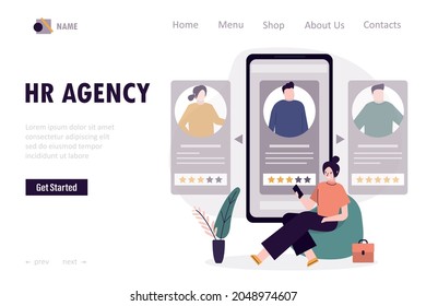 HR agency, landing page template. Woman manager search workers. Technology of staff hiring through phone app. Various resume in application. Recruitment staff and cv concept. Flat vector illustration