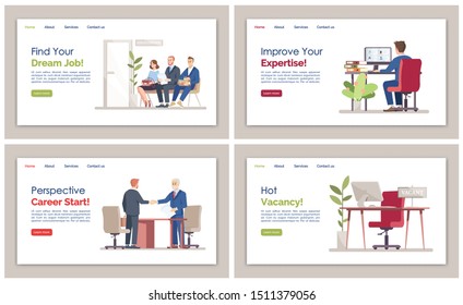 HR agency landing page vector template set. Employment service website interface idea with flat illustrations. Recruitment homepage layout. Hiring staff web banner, webpage cartoon concept