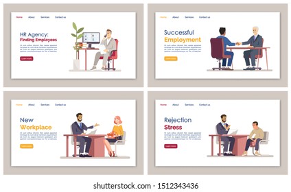 HR agency landing page vector template set. Employment service website interface idea with flat illustrations. Recruitment homepage layout. Job search web banner, webpage cartoon concept