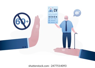 HR agent hand holds elderly man with cv. Job restrictions, employer hand in gesture - stop, job seeker too old. Senior holds resume. Age discrimination, ageism. Applicant after interview. Flat vector