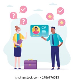 HR agent interviews candidate. African american man holds excellent cv. Businesswoman talks to potential job candidate. Employer hires guy to work. Hiring process concept. Flat vector illustration