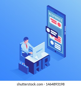 HR agent office isometric vector illustration. Talent manager, employer posting company job vacancies on Internet. Employment service, recruitment agency mobile application 3d clipart 