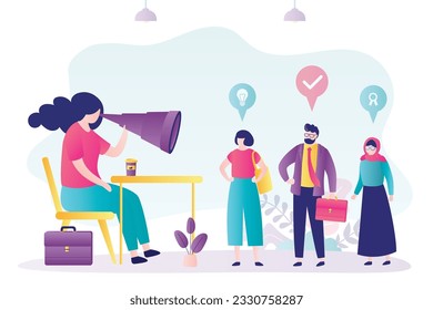 HR agent is recruiting. Female boss at workplace uses spyglass and selects new employees. Tiny people applicants, job seekers with various skills. Recruitment process, we are hiring. flat vector
