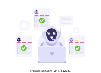 HR AI, robots scanning CV for searching vacancy candidates. Flat Vector illustration.