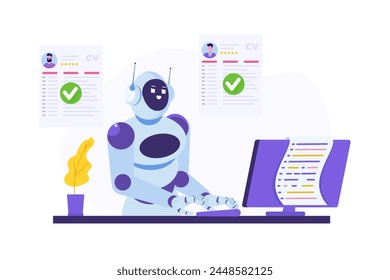 RRHH AI, robots escaneando CV para buscar candidatos vacantes. Ilustración vectorial plana.