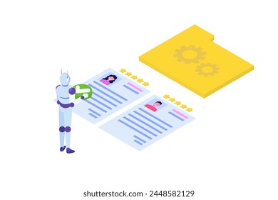 HR AI, robots scanning CV for searching vacancy candidates. Isometric Vector illustration.