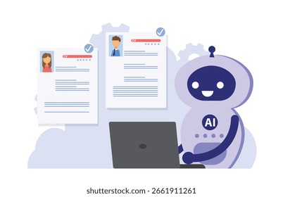 HR AI, robôs escaneando CV para pesquisar candidatos a vagas.