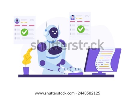 HR AI, robots scanning CV for searching vacancy candidates. Flat Vector illustration.