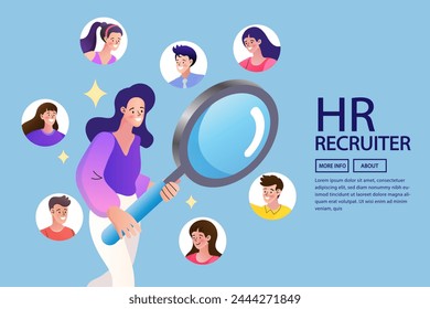 HR analyze or scan candidate. recruitment finding candidate for job applicant. human resources. search new people for job opportunity. Woman recruiter magnifying glass analyze new people. vector