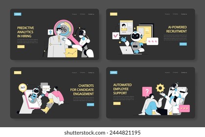 HR Automation set. Implementing predictive analytics in hiring, utilizing AI in recruitment, deploying chatbots for candidate interaction, offering automated employee support. Vector illustration