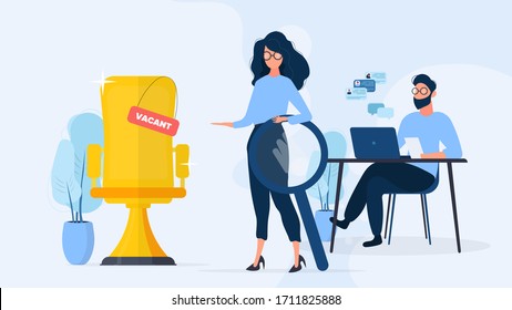 HR banner. Stylish girl with glasses. The girl holds a magnifier in her hands and shows a vacant place. A guy is looking at a resume for a laptop. The concept of finding people for work. Vector