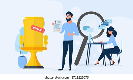 HR banner. Stylish man with glasses. The guy holds a resume in his hands and shows the class. The girl looks through the summary for a laptop. The concept of finding people for work. Vector