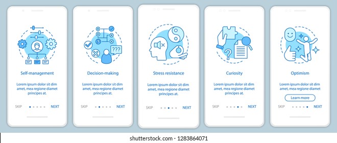 HR Baseline Skills Onboarding Mobile App Page Screen Vector Template. Professional Qualities. Decision Making, Curiosity, Optimism Walkthrough Website Steps. UX, UI, GUI Smartphone Interface Concept