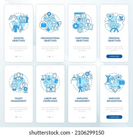 HR and business management blue onboarding mobile app screen set. Walkthrough 4 steps graphic instructions pages with linear concepts. UI, UX, GUI template. Myriad Pro-Bold, Regular fonts used