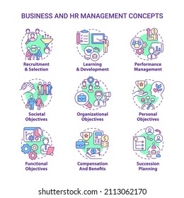 HR and business management concept icons set. Human resource department duties idea thin line color illustrations. Isolated outline drawings. Editable stroke. Roboto-Medium, Myriad Pro-Bold fonts used