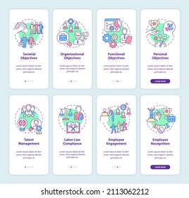 HR and business management onboarding mobile app screen set. Walkthrough 4 steps graphic instructions pages with linear concepts. UI, UX, GUI template. Myriad Pro-Bold, Regular fonts used