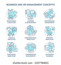 HR and business management turquoise concept icons set. Human resource duties idea thin line color illustrations. Isolated outline drawings. Editable stroke. Roboto-Medium, Myriad Pro-Bold fonts used