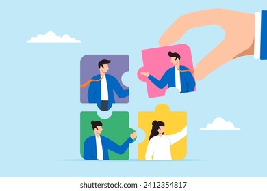 HR businessman hand put new hire to connect jigsaw puzzle in flat design