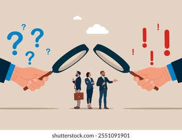 HR or businessman use magnifying glass to choose recruitment applicants. Modern vector illustration in flat style. 