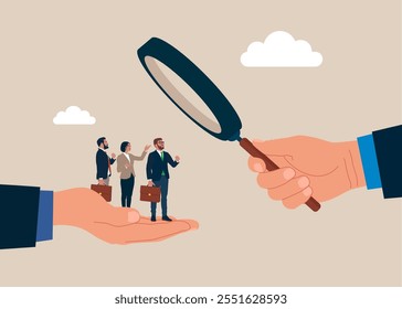 HR or businessman use magnifying glass to choose recruitment applicants. Analyzing employee or job candidates. Modern vector illustration in flat style. 