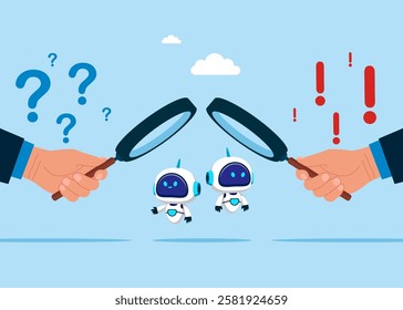 HR or businessman use magnifying glass to robots recruitment. Modern vector illustration in flat style. 