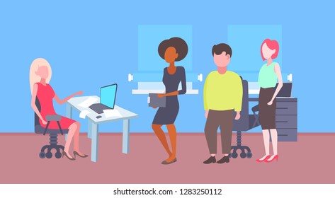 hr businesswoman recruitment company worker sitting workplace choosing candidate for vacancy job position mix race people group modern office interior horizontal