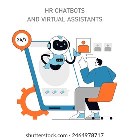 Concepto de Chatbots y asistentes virtuales de RRHH Servicio de asistencia robótica las 24 horas del día que proporciona servicios de RRHH Integración de la IA para la Ilustración vectorial de la Asistencia de los empleados