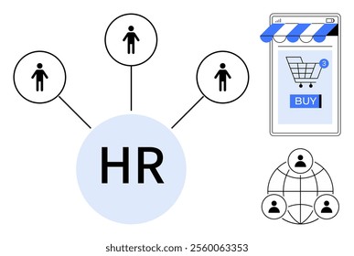 HR circle connects to three human icons. Nearby is a smartphone with an online shopping cart and a Buy button. Another element shows a globe with people. Ideal for HR management, e-commerce