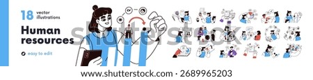 HR concept. Human resources, recruitment, hiring set. Recruiting team choose candidate with CV at job interview. Employee onboarding and training. Flat vector illustration isolated on white background