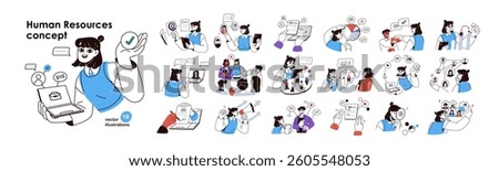 HR concept set. Human resources, recruitment, hiring. Job interview, CV, recruiting team, choosing candidate, employee onboarding and training. Flat vector illustration isolated on white background.