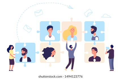 HR concept. Teamwork, business team making. Recruiting vector illustration with tiny flat people characters and puzzle with employees