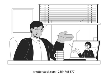 HR conducting virtual interview with candidate black and white 2D line characters. Diverse employer with laptop, woman job seeker isolated vector outline people. Monochromatic spot illustration