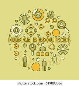 HR creative illustration. Vector circular sign made with phrase human resources and colorful recruitment icons