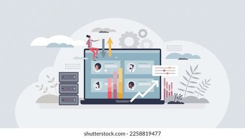 HR data platform and company employee database software tiny person concept. Human resources work organization with automatic effective and productive job statistics evaluation vector illustration.