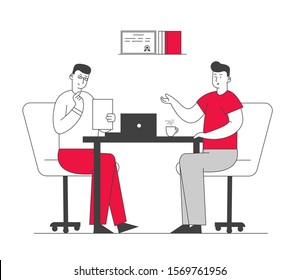 Hr Department Employee Reading Candidate Resume for Interview and Work Employment. Negotiation with Future Worker Good First Impression Introduction with Boss. Flat Vector Illustration Line Art