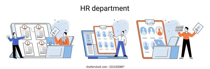 HR department, headhunter job, selection interview scenes set. Employer selects applicant candidates for work or study. Specialist engaged in selection, adaptation, dismissal, development of personnel