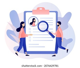 HR department. Human Resources management. Employer selects candidates. Recruitment agency, employment, headhunting business. Modern flat cartoon style. Vector illustration on white background