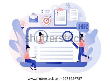 HR department. Human Resources management. Employer selects candidates online. Recruitment agency, employment, headhunting business. Modern flat cartoon style. Vector illustration on white background